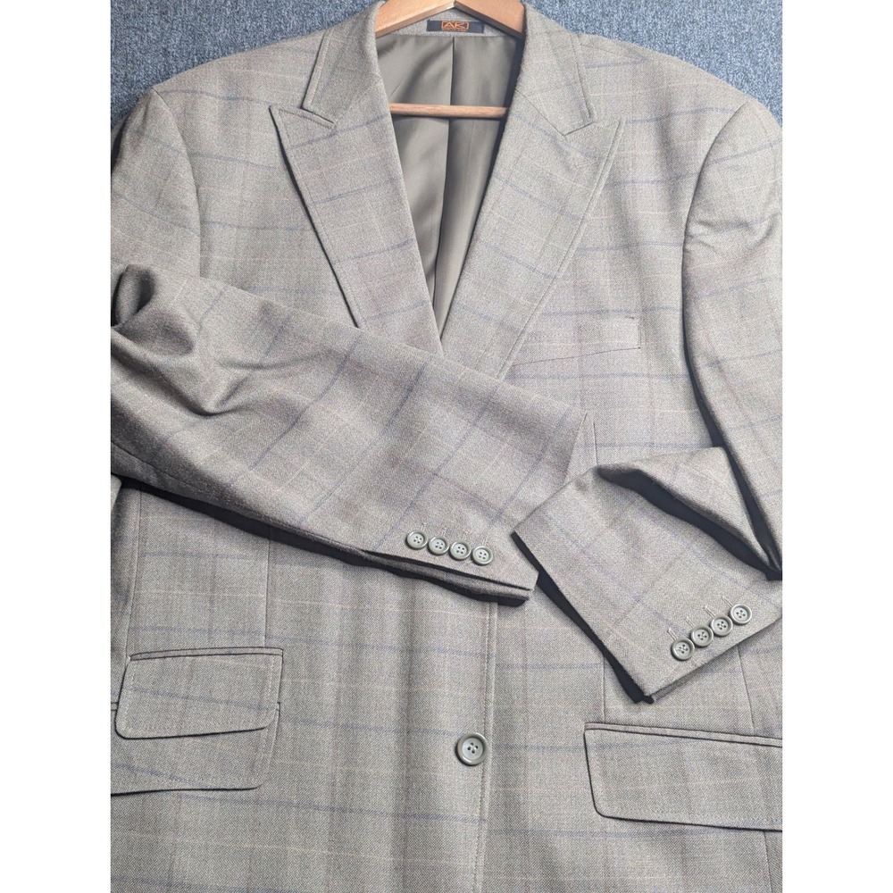 Apollo King Mens 46R Wool Suit Jacket Blazer Tan Blue Windowpane Plaid 2 Button
